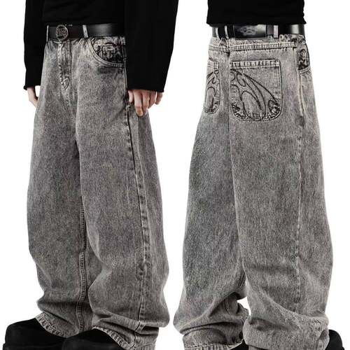 90s Retro Street Embroidery Jeans Male RB Solid Color Loose