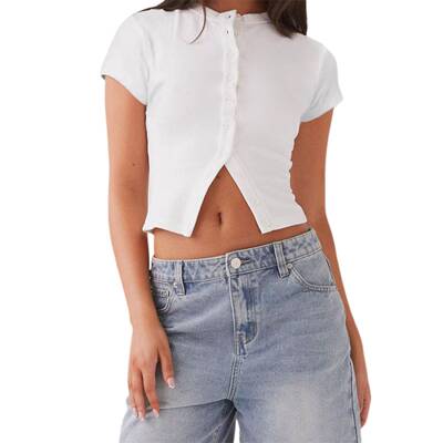 Women's Plain Button Front Ribbed Tee  Casual Slim-fitting