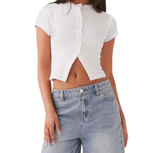 Women's Plain Button Front Ribbed Tee  Casual Slim-fitting