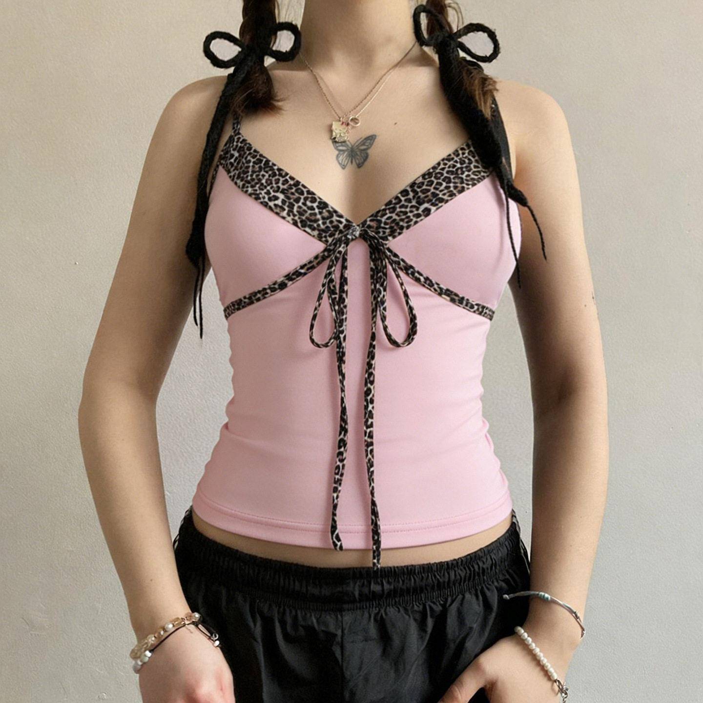 Cheetah Bow Tie Backless Crop Top Y2K Cute Girl Summer Basic