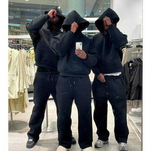 Mens Casual Solid Hooded Pullover Straight Pants 2 Piece