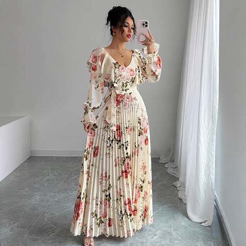 Plus Size Women's Elegant A-Line Floral Dress Long Sleeve V