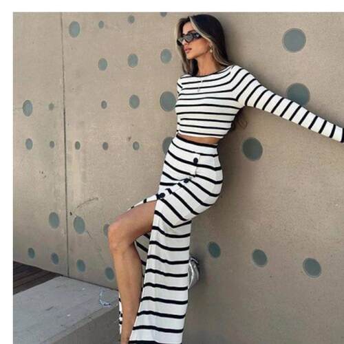 Women's Striped Print Crop Top & Split Thigh Button Skirt