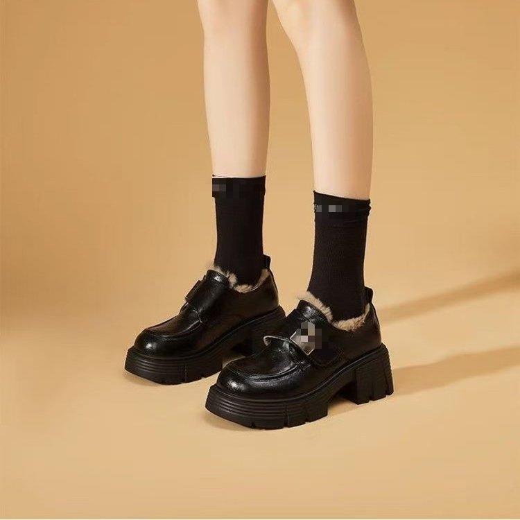 加绒小皮鞋女2025冬季新款英伦风厚底增高保暖乐福鞋粗跟棉鞋ins
