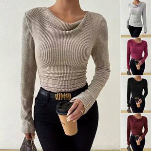 Women's Plain Draped Cowl Neck Ribbed Tee Elegant Long Sve