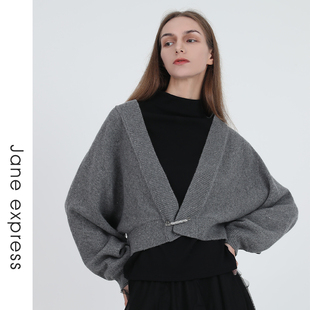 express 短款 简表达24年秋季 针织开衫 灰色QMS41006 新款 Jane