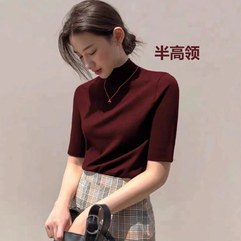 韩版小立领修身五分袖T恤女纯色