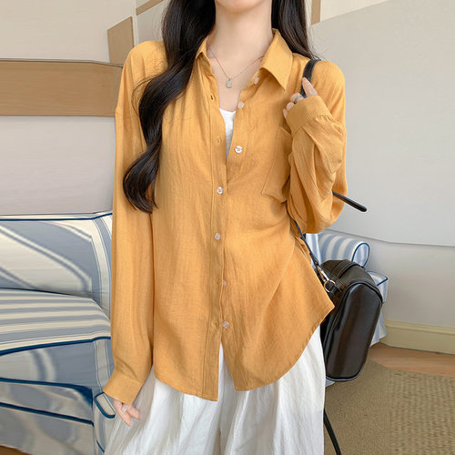 韩系老钱风亚麻薄款长袖衬衫女