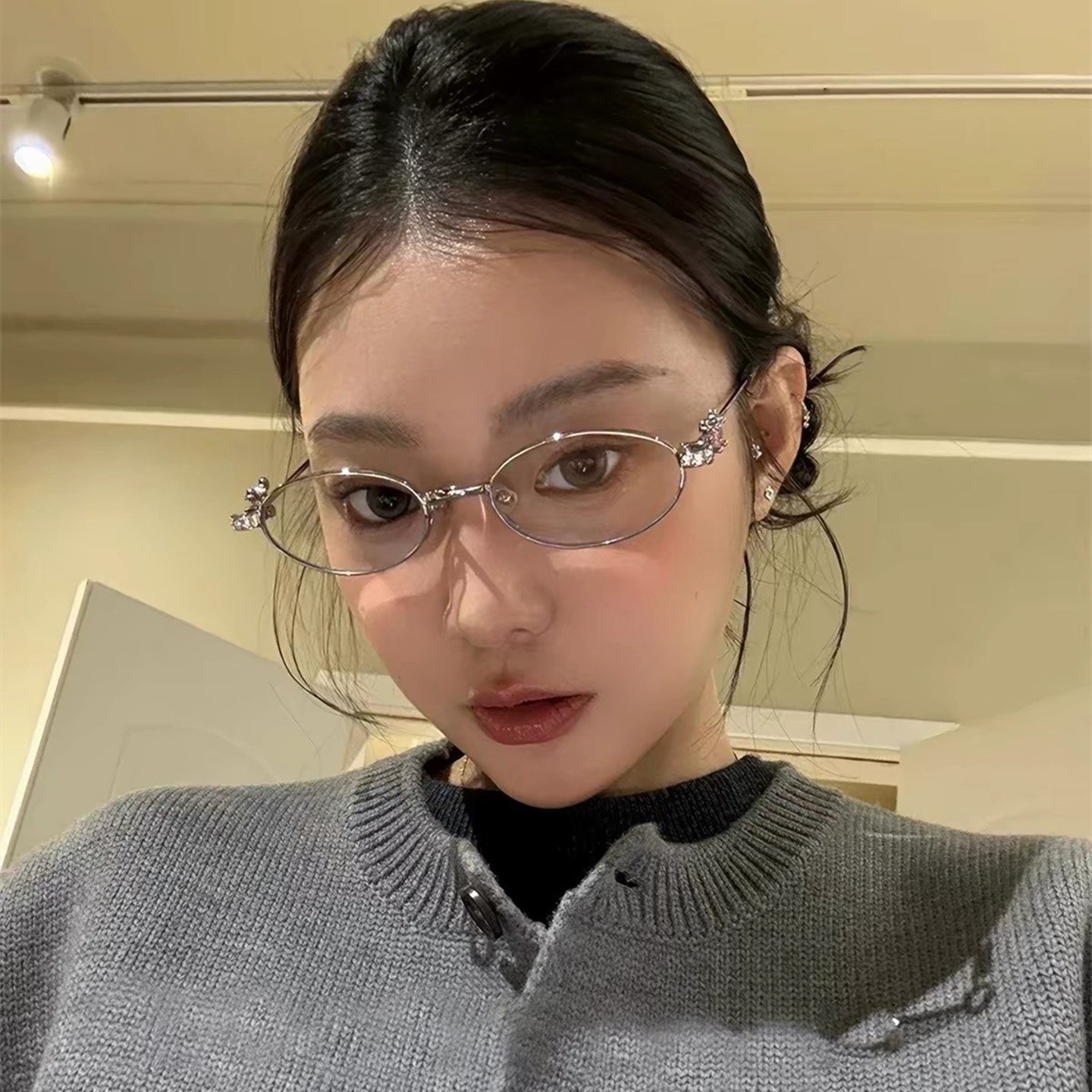 jennie同款珠宝镶钻眼镜近视可配度数椭圆小框Y2K平光高智眼镜架