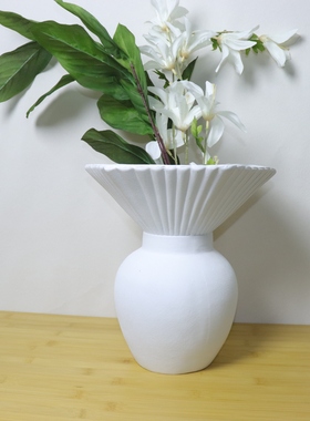 简约现代白色树脂材质假花花瓶创意阔叶罗纹造型客厅装饰家居摆件