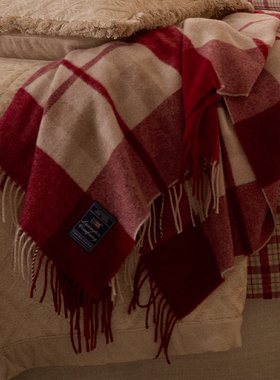 Lexington假日毛红沙格纹毯100%绵羊毛毯子家用沙发盖毯客厅午休