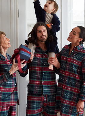 Lexington假日法兰绒红绿格纹家居套装女纯棉情侣长袖长裤男睡衣