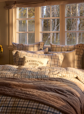 Lexington三件套法兰绒蓝沙维希格纹纯棉床单被套四件套家用床品