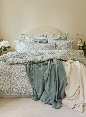 Lexington三件套棉缎白沙玫瑰印花纯棉白绿被套床单亲肤床上用品