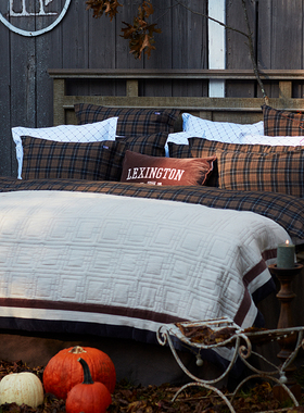 Lexington法兰绒棕灰格纹纯棉四件套灰色窗格纹床上用品床单被套