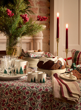 Lexington棉红色印花桌布纯棉红绿格纹桌骑圣诞软糖厨巾红色餐巾