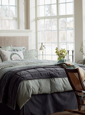 Lexington假日法兰绒绿白条纹床品三件套灰色床单家纺被套枕套