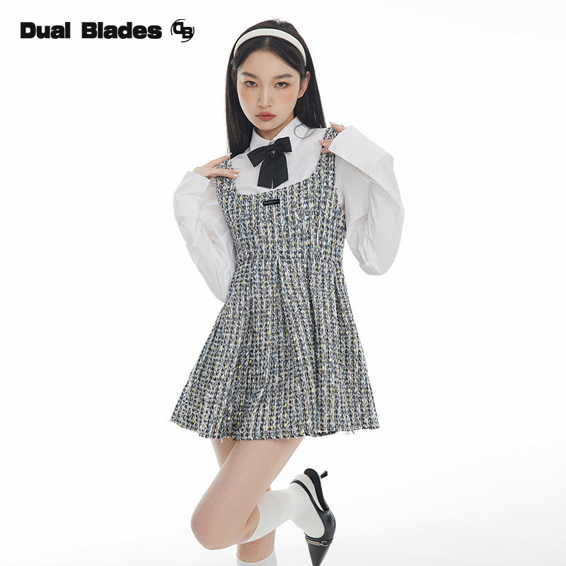 Dual Blades 秋冬季复古A字学院风套装设计感百褶裙泡泡袖衬衫女