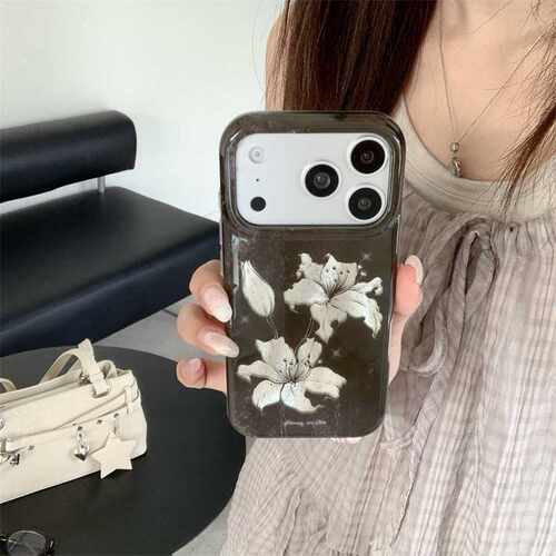 适用iPhone17ProMax手机壳 复古泼墨水墨百合花双层壳苹果16/15女