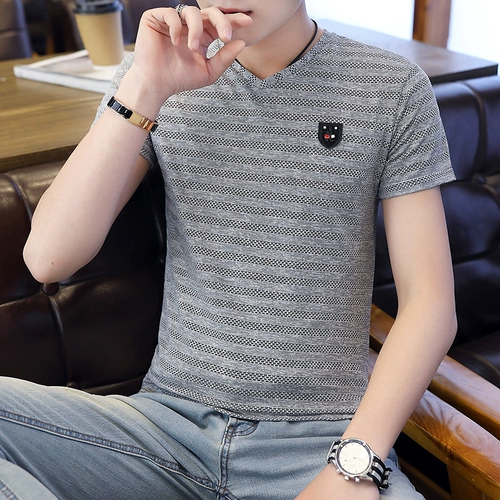 Шелковая трендовая летняя дышащая приятная телу футболка с коротким рукавом, V-образный вырез, высокий воротник, облегающий крой