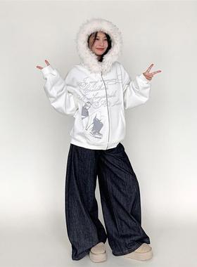 atrandom 秋冬心情日记满印文字毛领加绒卫衣女黑白连帽宽松外套