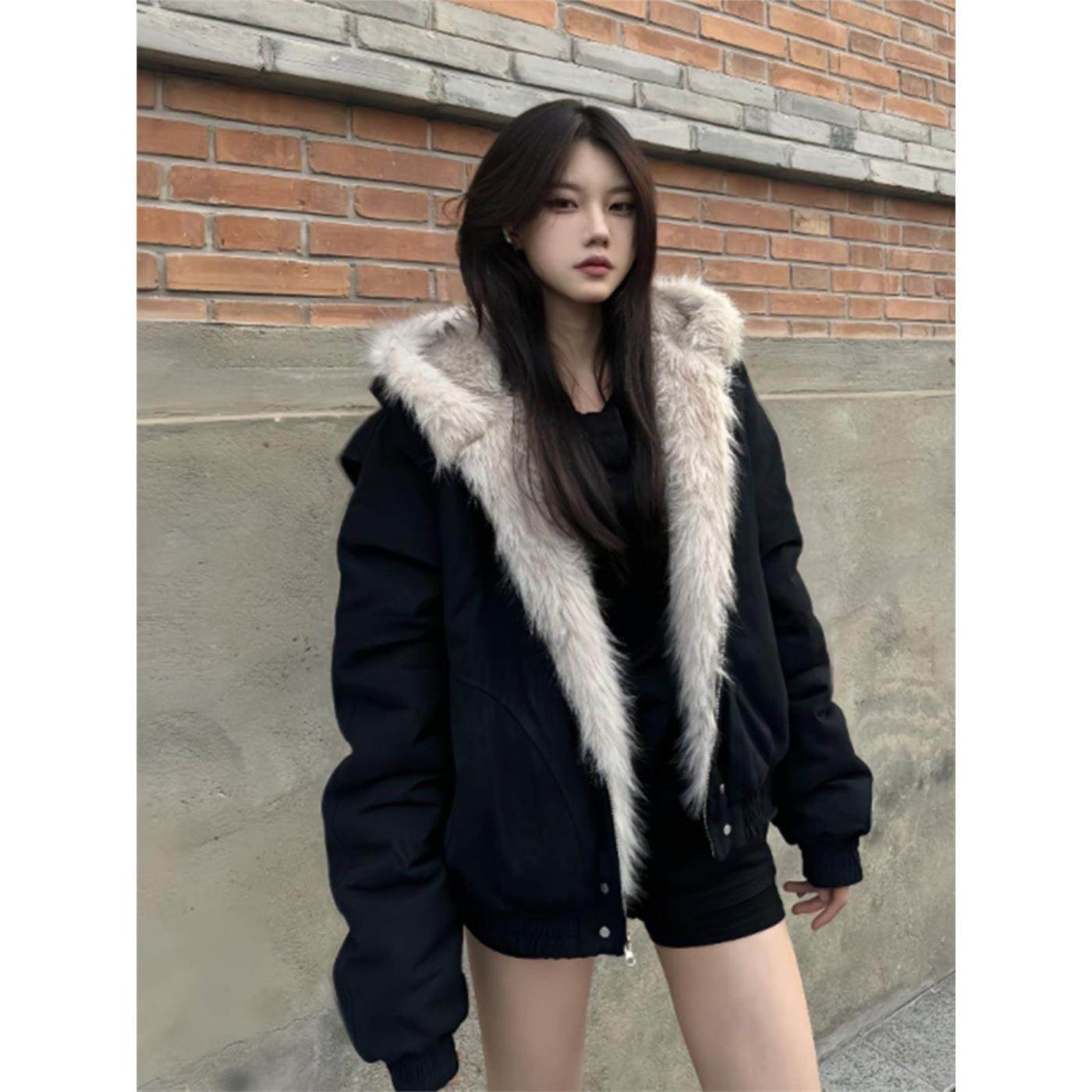 黑色连帽棉服女短款冬2025新款爆款拼接棉衣韩系保暖派克棉袄外套