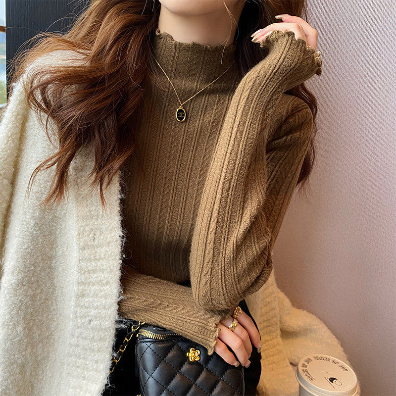 半高领打底衫女秋冬高级感2025新款针织衫咖色毛衣木耳边内搭上衣,个性定制/设计服务/DIY,棉服工装,淘宝优惠券,粉丝福利购,淘宝优惠卷