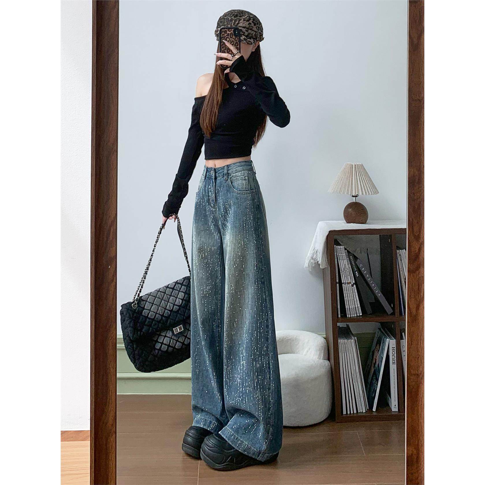 满天星烫钻阔腿牛仔裤女2025秋冬新款高腰宽松显瘦小个子直筒裤子,个性定制/设计服务/DIY,棉服工装,淘宝优惠券,粉丝福利购,淘宝优惠卷