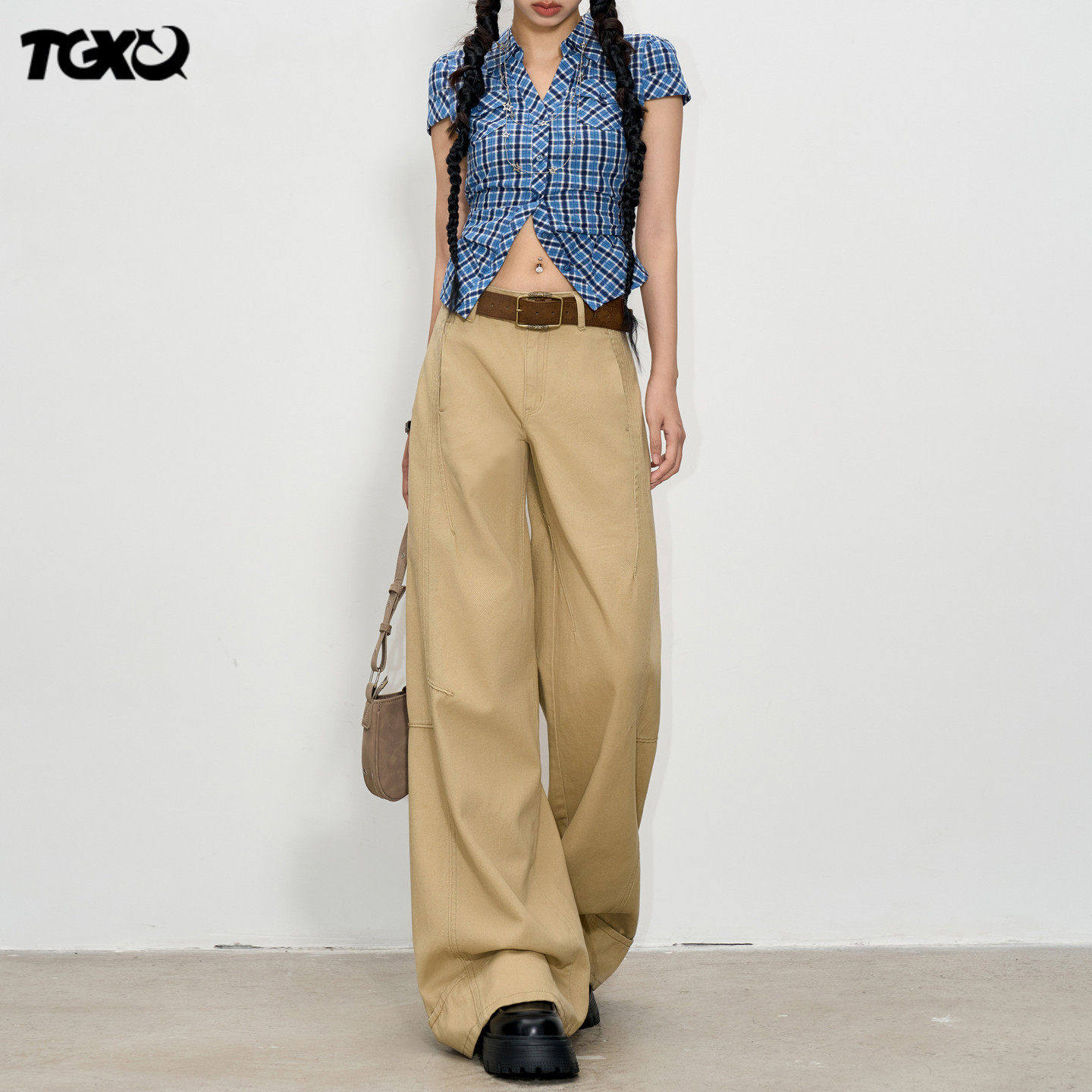 卡其色牛仔裤女2025年新款时尚潮流夏季高腰拼接宽松拖地阔腿裤子,个性定制/设计服务/DIY,棉服工装,淘宝优惠券,粉丝福利购,淘宝优惠卷