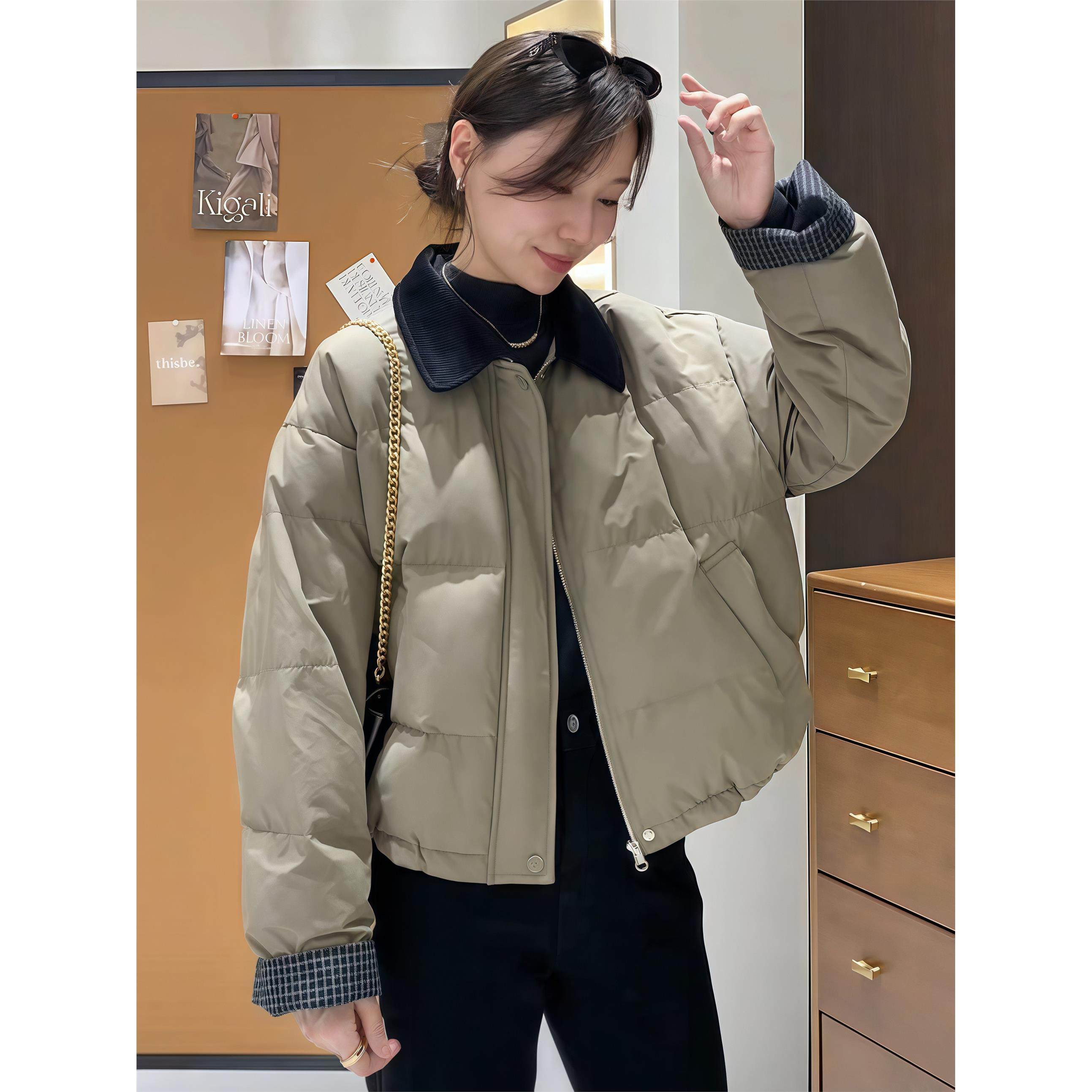 翻领拼色加厚夹棉面包服棉衣女2025冬新款韩版宽松POLO领棉服外套,个性定制/设计服务/DIY,棉服工装,淘宝优惠券,粉丝福利购,淘宝优惠卷