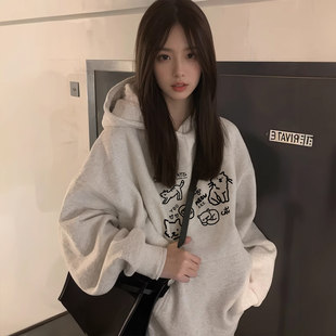 白花灰加绒连帽卫衣女2025新款秋冬加厚韩系巨好看宽松外套上衣女