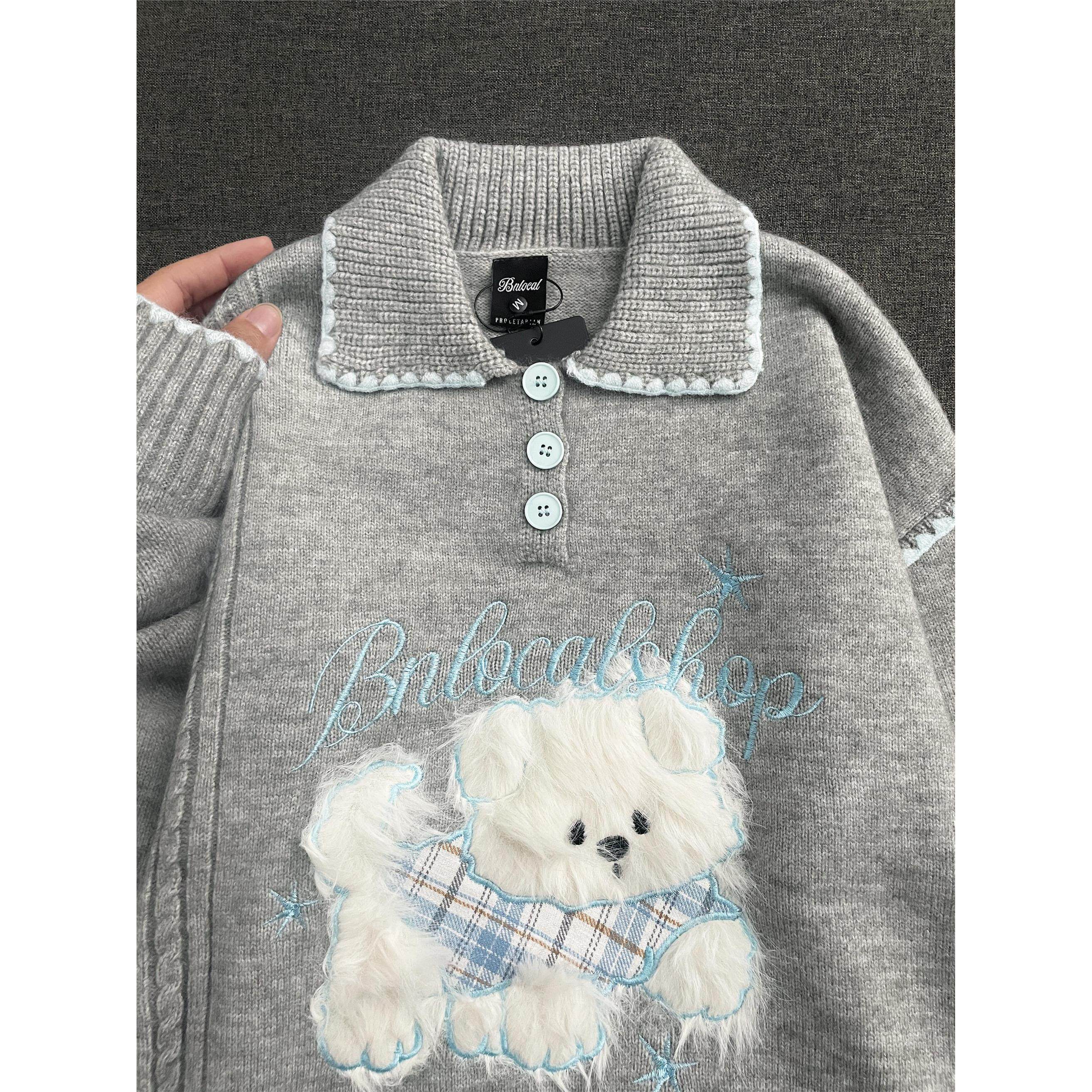 日系可爱毛绒小狗polo翻领毛衣女秋冬季宽松慵懒学院风减龄针织衫