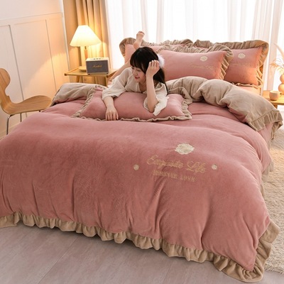 冬季牛奶绒四件套加厚保暖双面加绒被套床单法莱绒三件套床上用品