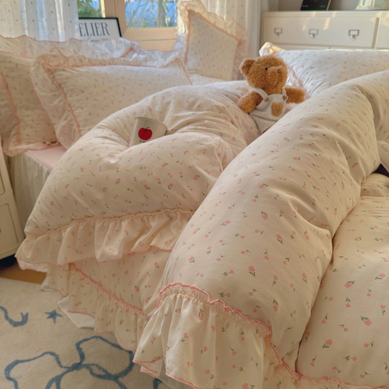 A类韩版花边床上用品四件套荷叶边床裙款亲肤柔软被套不起球床单