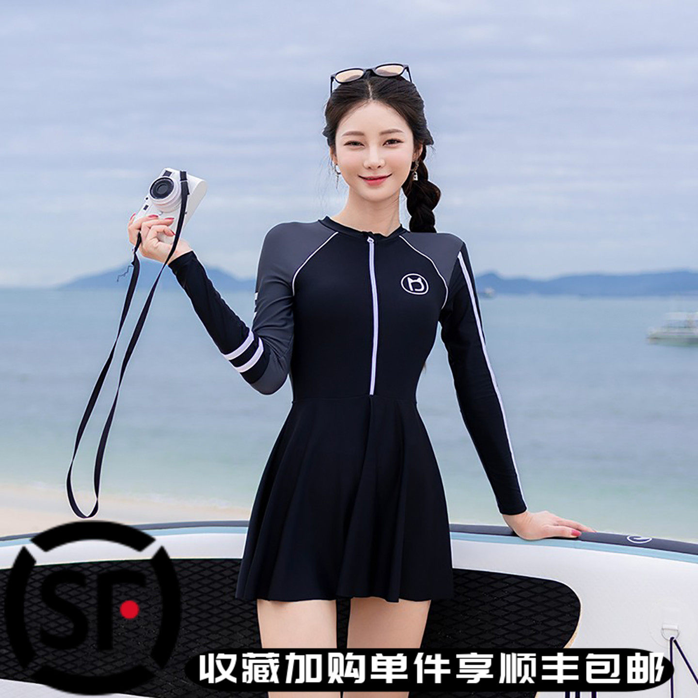 新款女夏连体裙式遮肚显瘦保守半袖速干学生休闲带胸垫潜水游泳衣