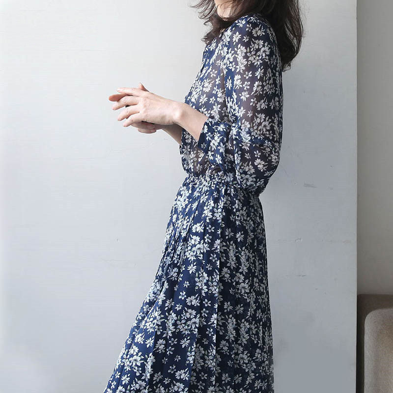꽃 드레스 2023 봄 여름 새로운 일본식 간단한 기질 우아한 롱 스커트 슬림 피트 드레스 여성 의류