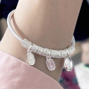 9999足银黄财神盘缠手镯吉言新中式国风银镯子生日礼物