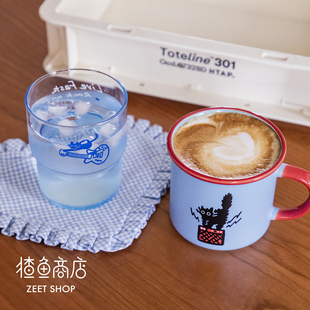 猫咪小狗摇滚乐队套装 猹鱼商店 原创蓝色水杯陶瓷杯 礼物 ROCK