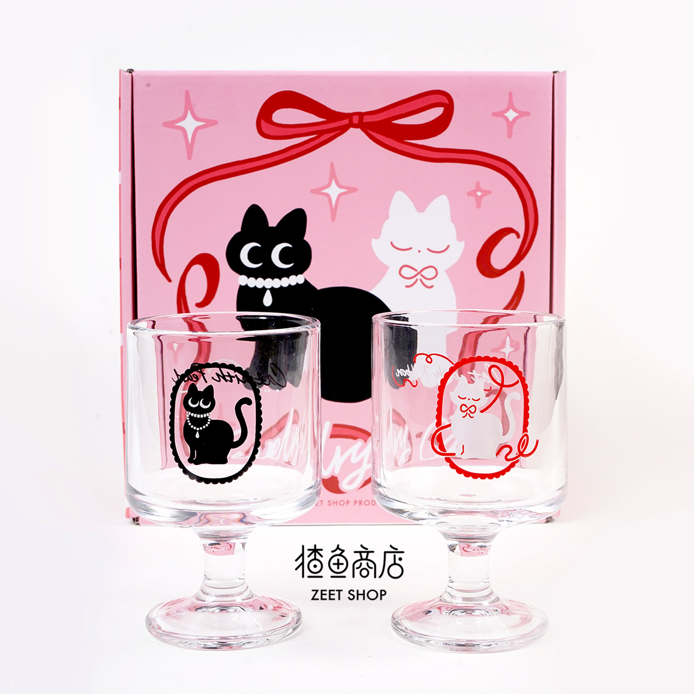 猹鱼商店 珍珠黑猫 丝带白猫原创复古高脚玻璃杯硼硅酒杯早餐水杯