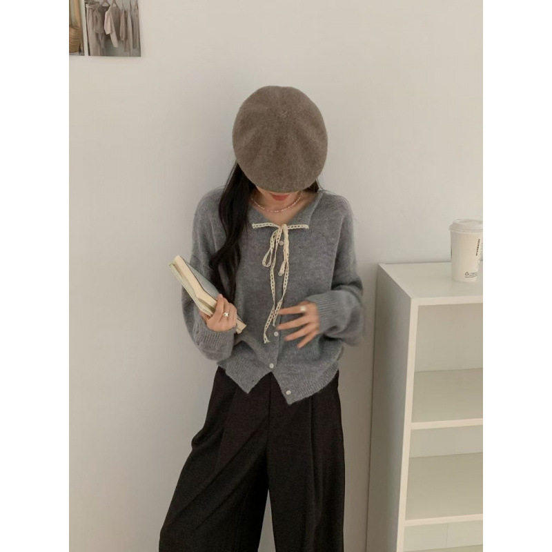 韩系系带蕾丝翻领毛衣小