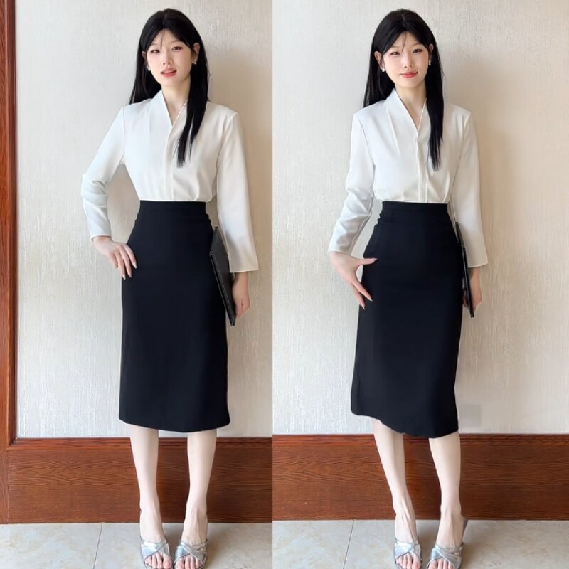 职业白衬衫女秋招西装内搭长袖衬衣公务员服装教面试正装套装裙