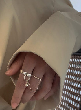 时尚气质S925镀银2件套戒指复古时尚韩版链条流苏双指开口指环女