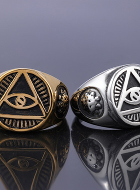 欧美荷鲁斯之眼霸气光明会全视之眼戒指项链共济会徽章个性男士钛