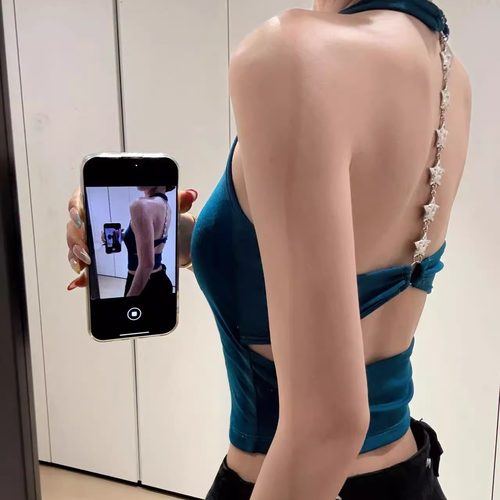 美式辣妹T带美背星星链条吊带背心女性感挂脖夏季新款设计感上衣