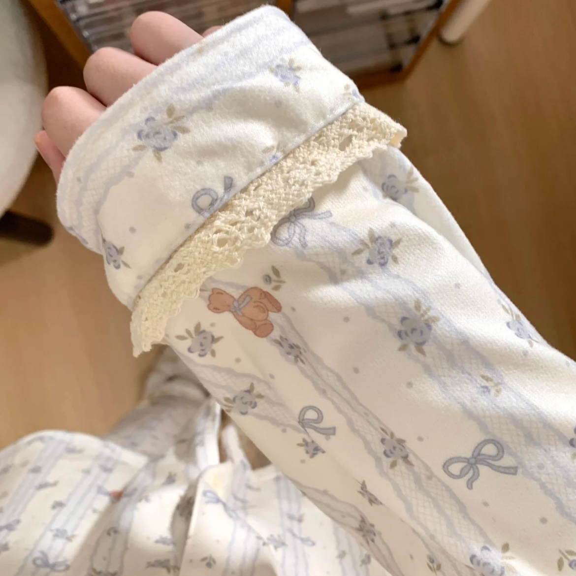 软软糯糯~蕾丝花边睡衣少女可爱小熊印花宽松长袖长裤家居服套装