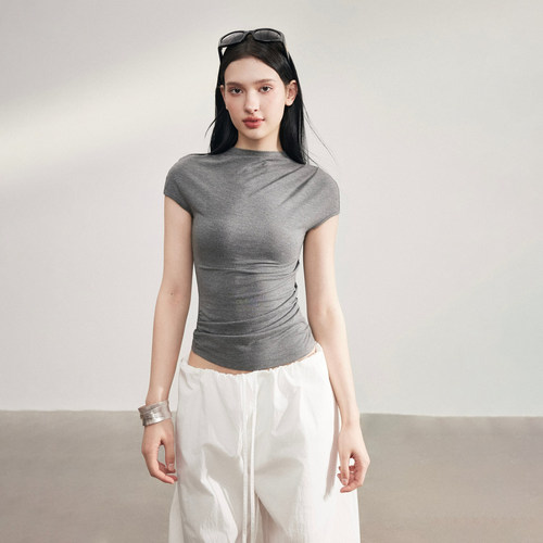 Matin Gris【6/15 00:00 新品】修身小高领褶皱短袖上衣