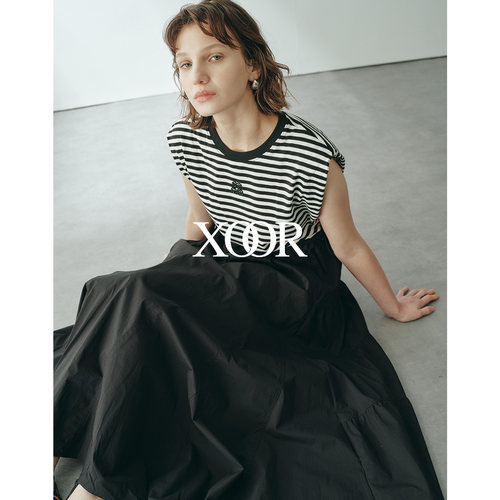 XOOR条纹拼接抽绳显瘦针织连衣裙