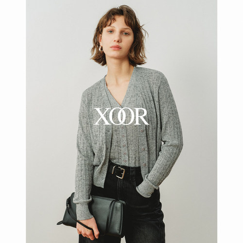 XOOR羊毛彩纱V领短款针织开衫