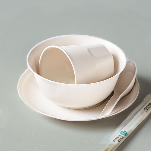 家用稻壳餐具一次性碗筷套装组合食品级环保餐盘碟子杯勺四件聚会