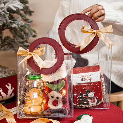 圣诞节手提袋2021平安夜透明礼品袋PVC袋子创意圆形小礼物包装袋